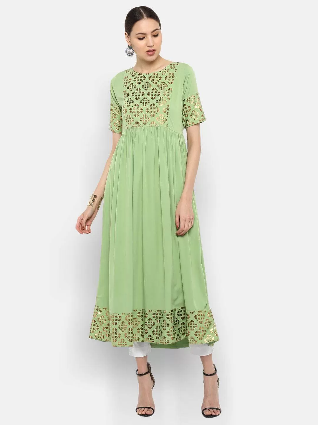 Light Green Poly Crepe Gold Print Flared Kurta