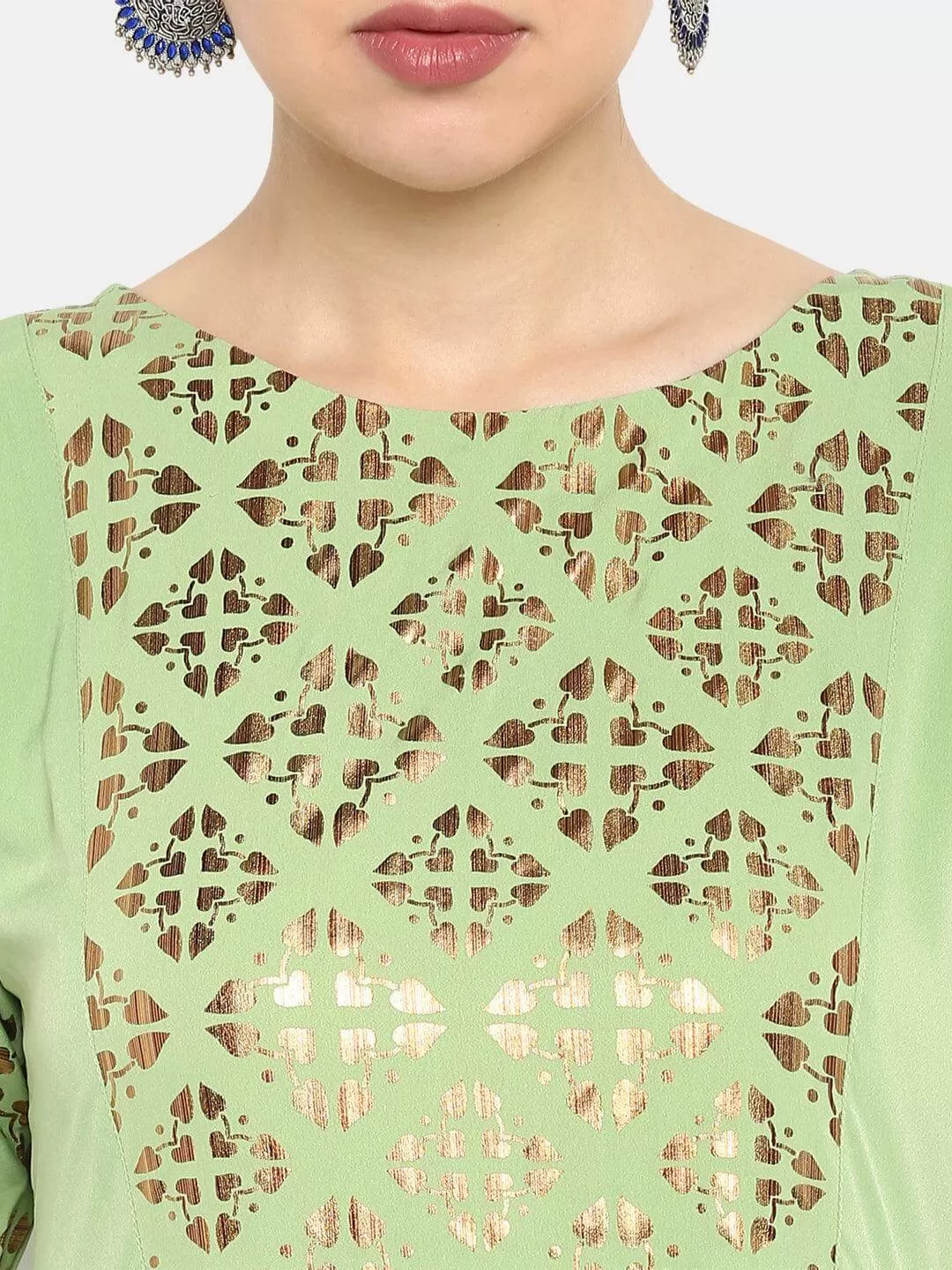 Light Green Poly Crepe Gold Print Flared Kurta