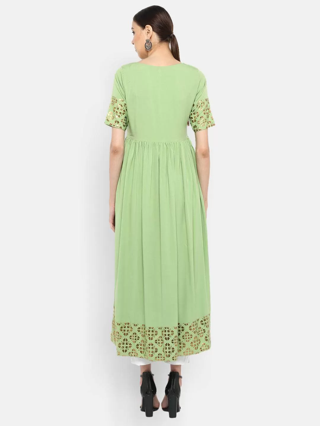 Light Green Poly Crepe Gold Print Flared Kurta