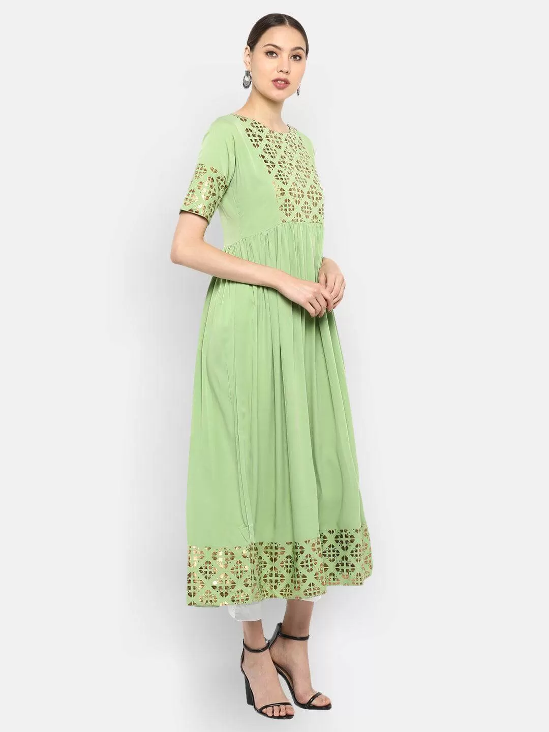 Light Green Poly Crepe Gold Print Flared Kurta