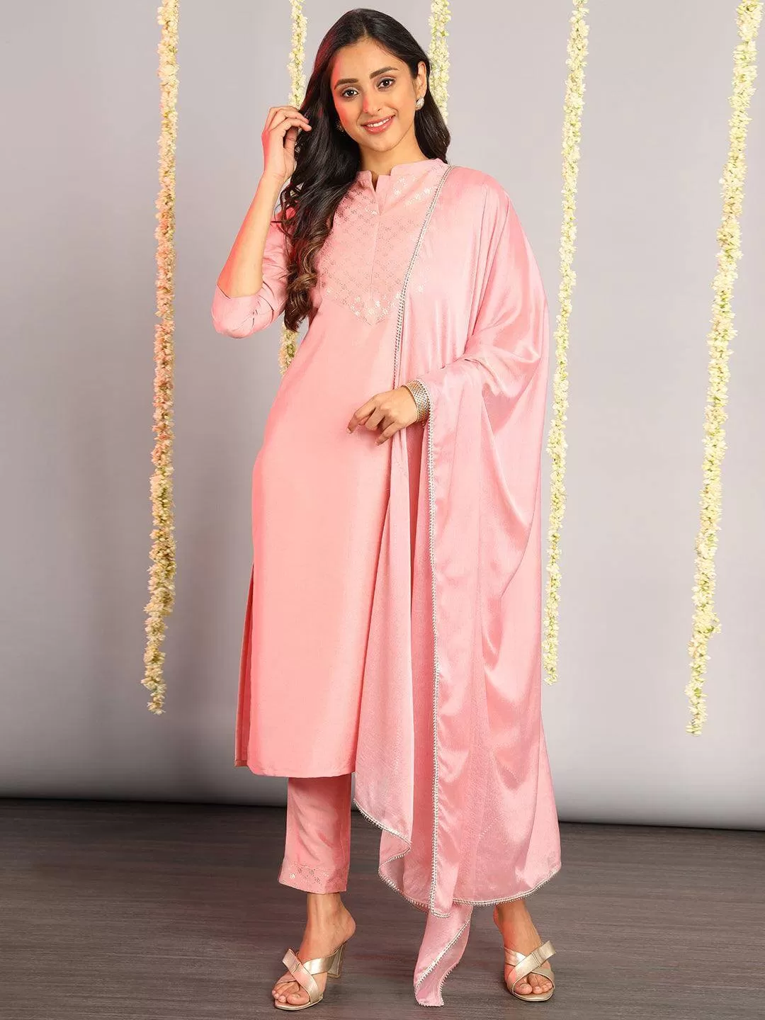 Light Pink Poly Silk Floral Print Kurta Pant Set