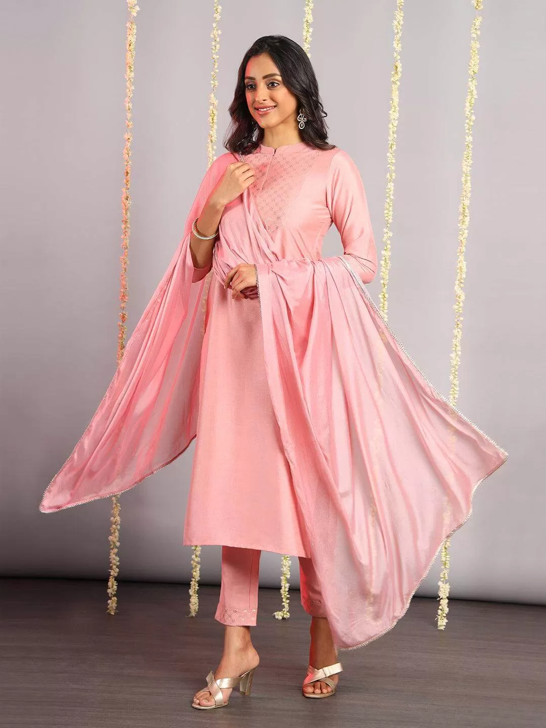 Light Pink Poly Silk Floral Print Kurta Pant Set