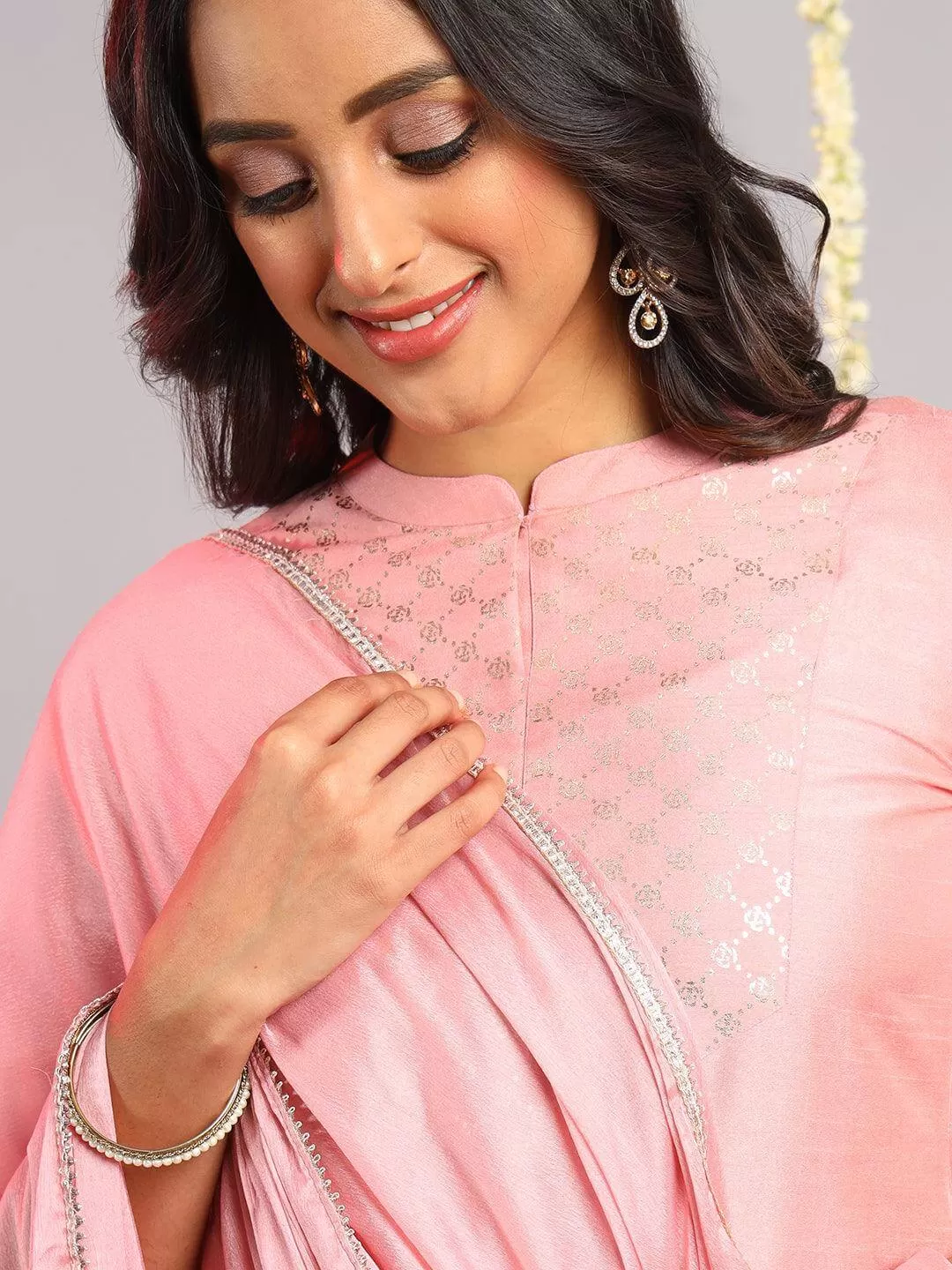 Light Pink Poly Silk Floral Print Kurta Pant Set