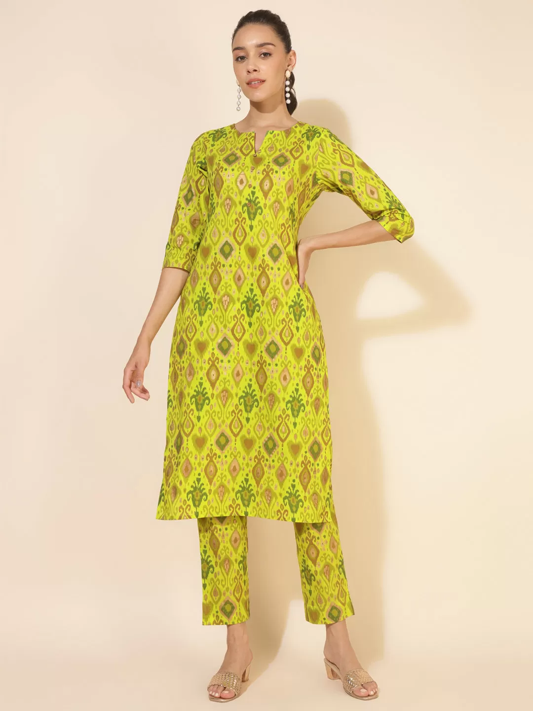 Lime Green Cotton Ikat Printed Co-ord Set