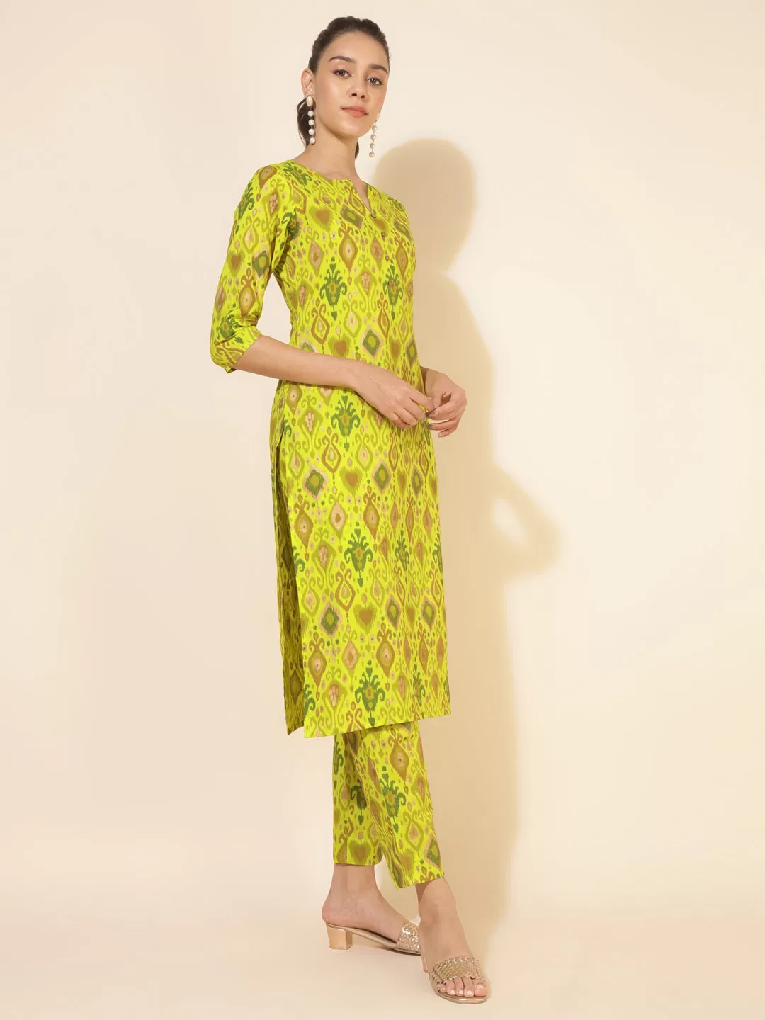 Lime Green Cotton Ikat Printed Co-ord Set