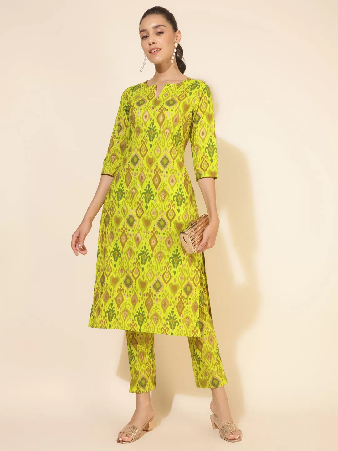 Lime Green Cotton Ikat Printed Co-ord Set