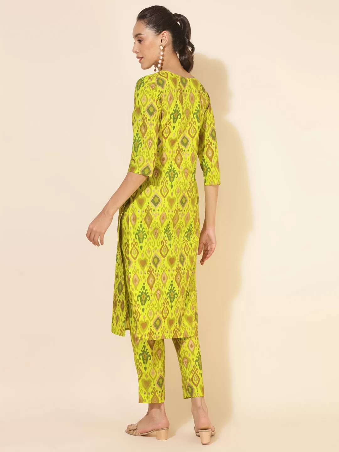 Lime Green Cotton Ikat Printed Co-ord Set