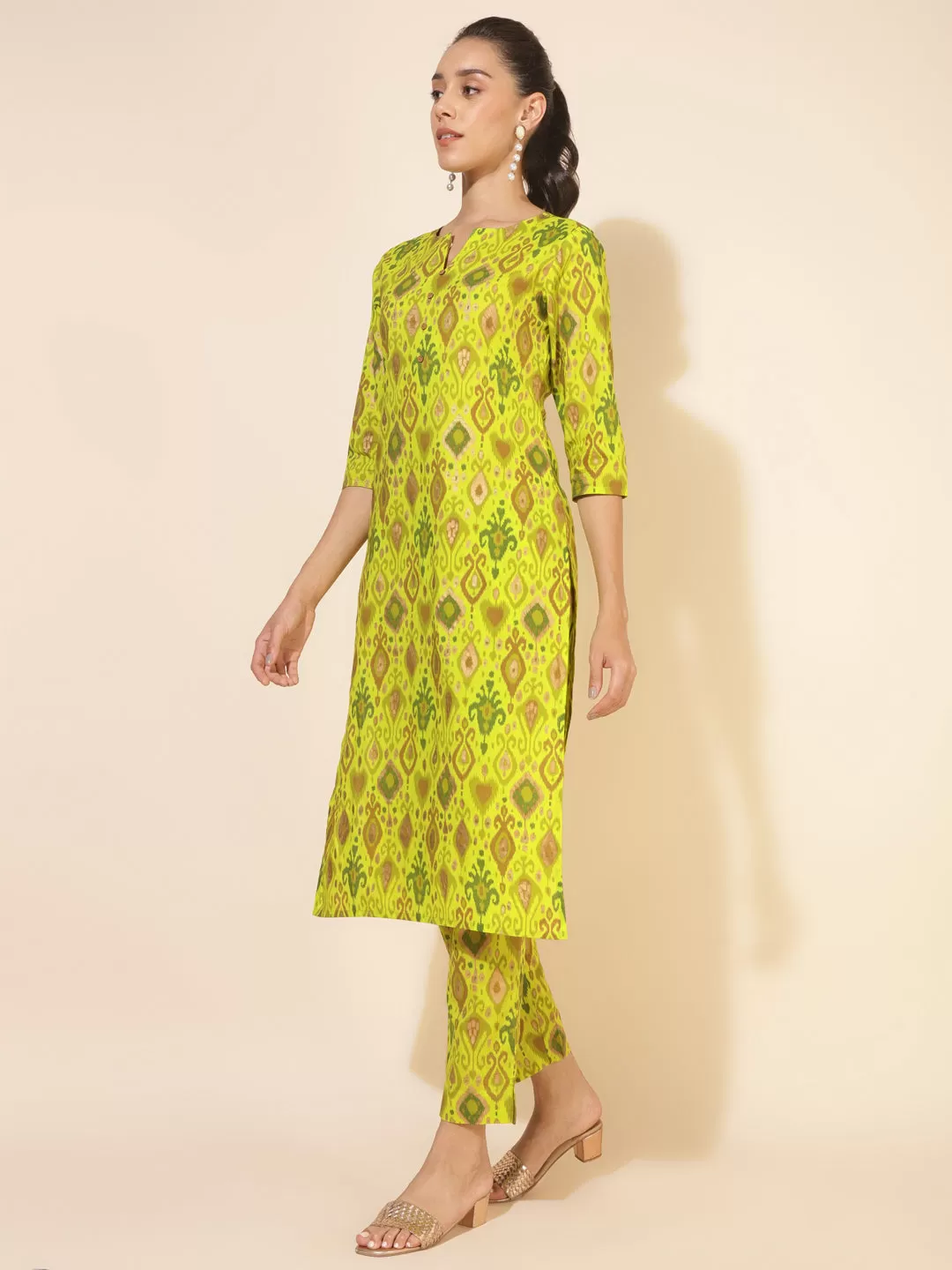 Lime Green Cotton Ikat Printed Co-ord Set