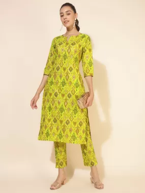 Lime Green Cotton Ikat Printed Co-ord Set