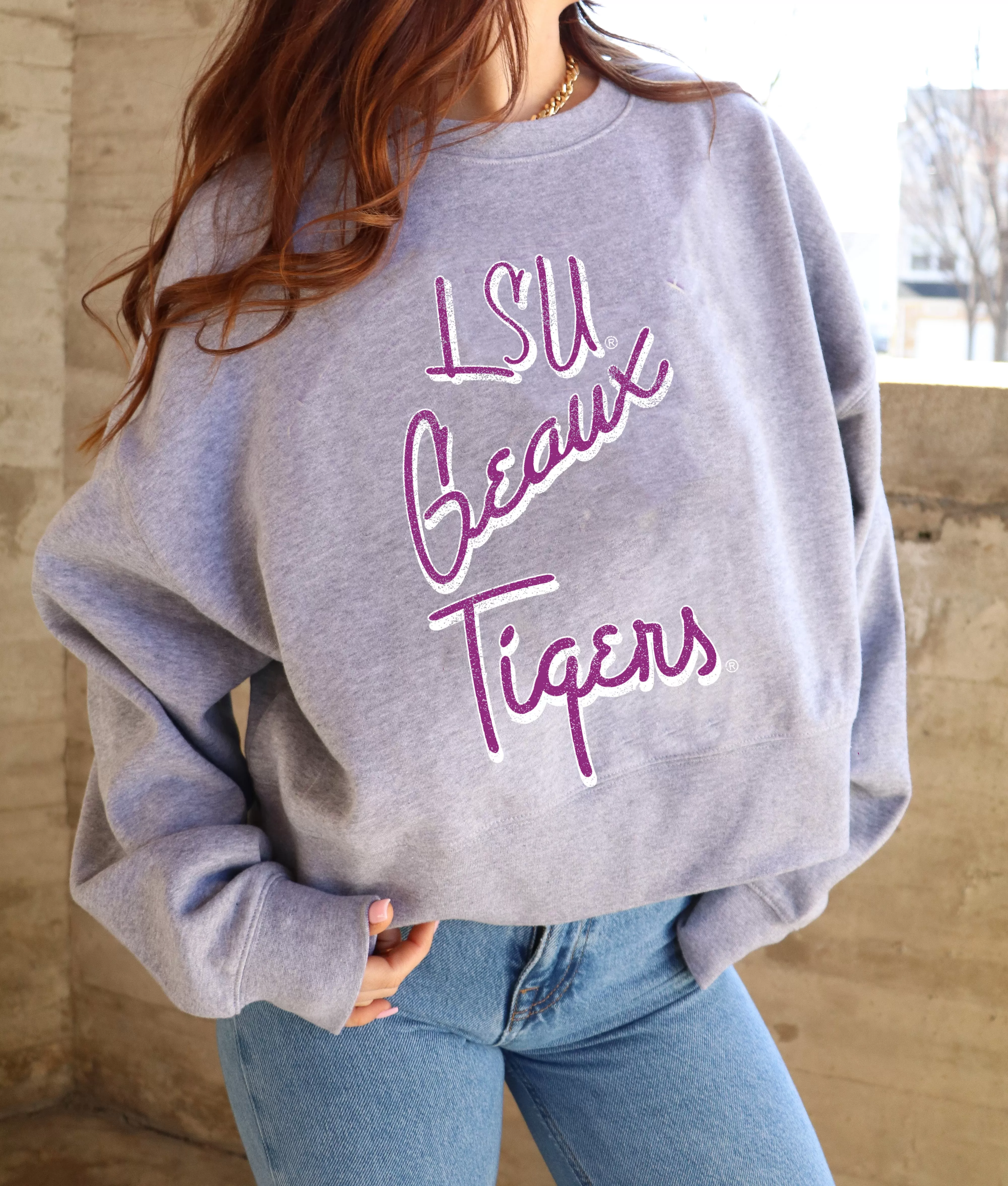 LSU Tigers Beverly Gray Oversized Crew Sweatshirt