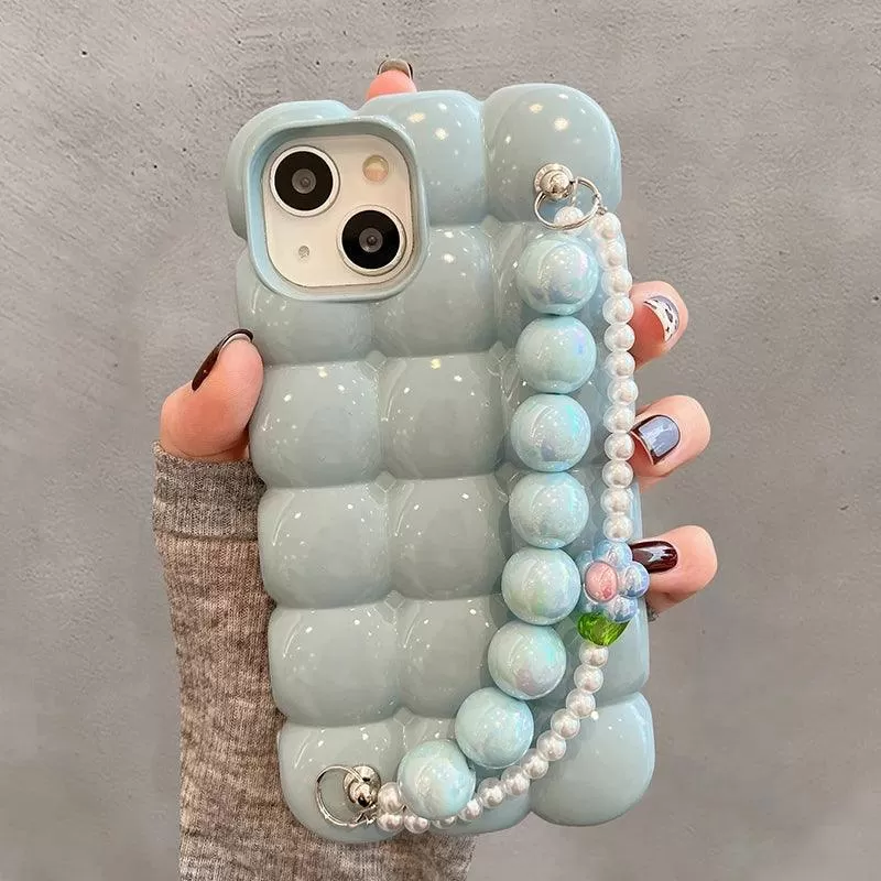 Luxury Pearl Lanyard Chain 3D Ice Lattice Cute Phone Case for iPhone 13 Pro Max, 15, 14, 11, and 12