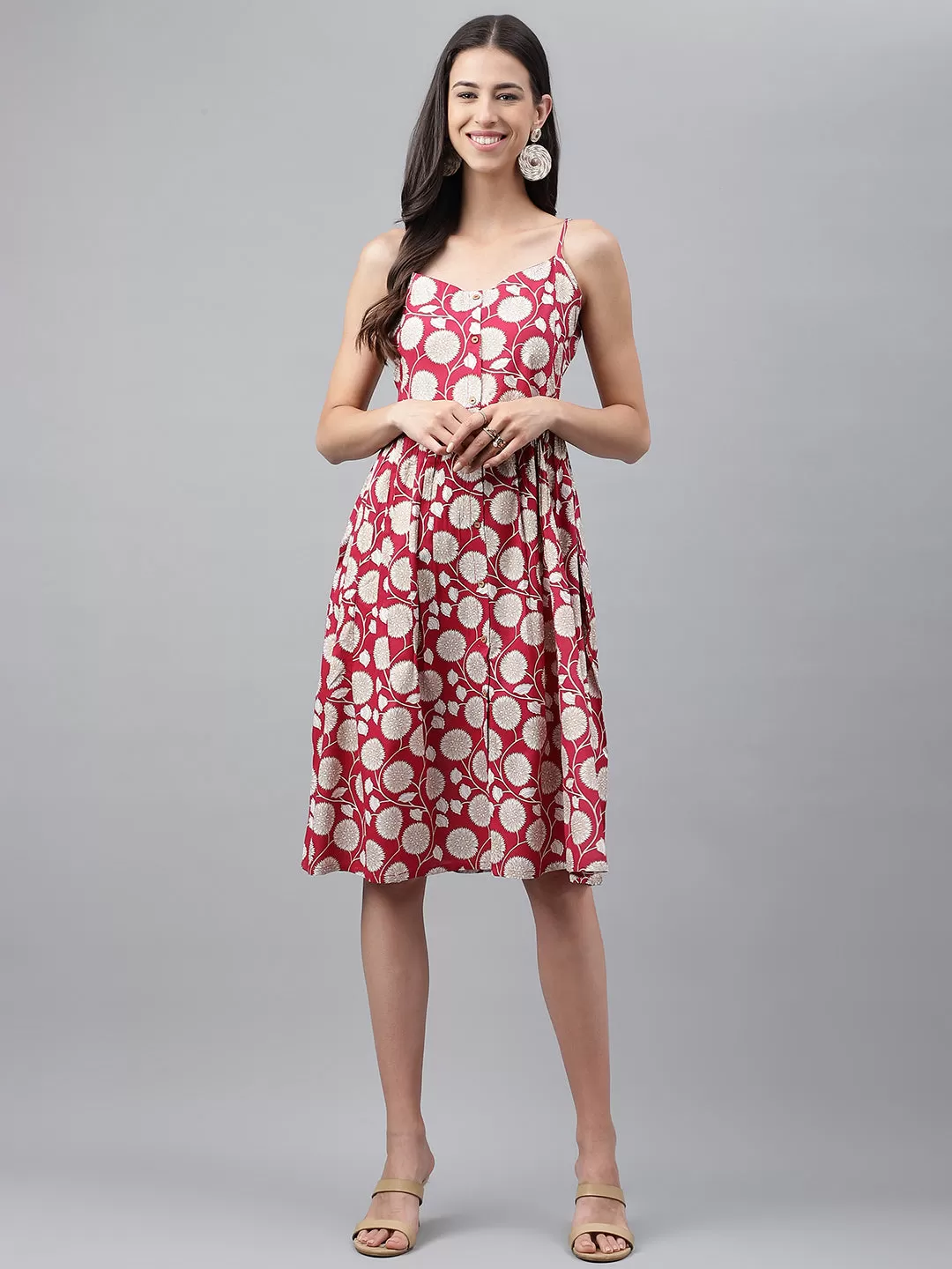 Magenta Rayon Botanical Printed Gathered Dress