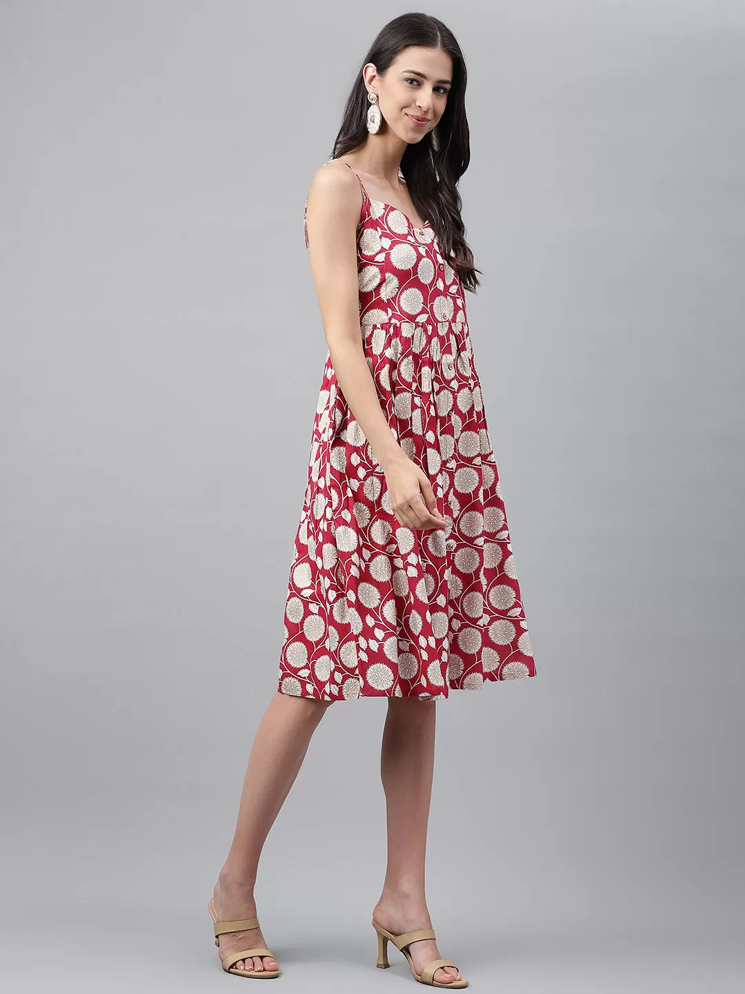 Magenta Rayon Botanical Printed Gathered Dress