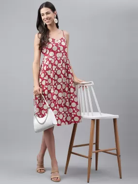 Magenta Rayon Botanical Printed Gathered Dress