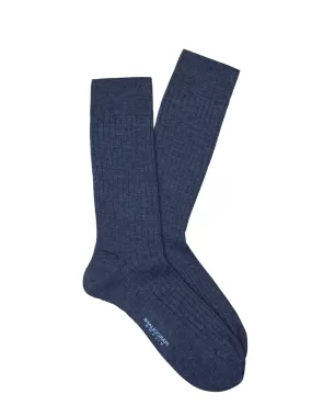 Marcoliani Indigo Ribbed Extrafine Merino Wool Calf Height Sock