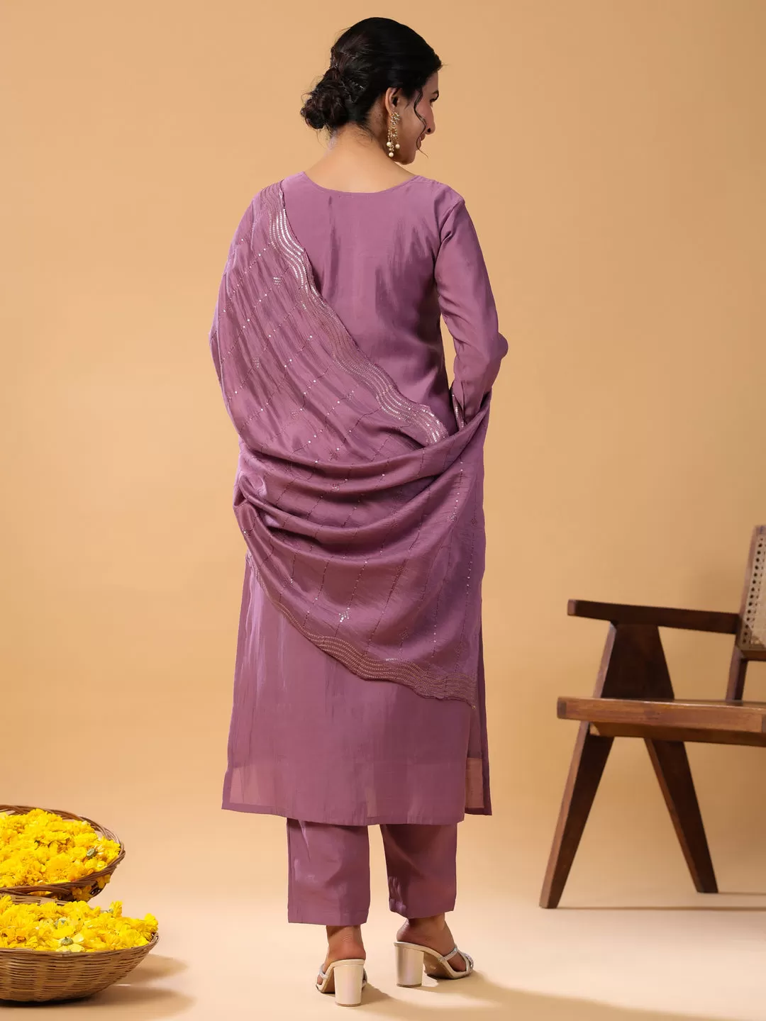 Mauve Chinnon Embellished Kurta with Pant and Dupatta