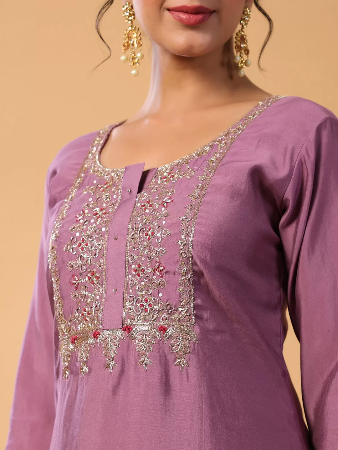 Mauve Chinnon Embellished Kurta with Pant and Dupatta