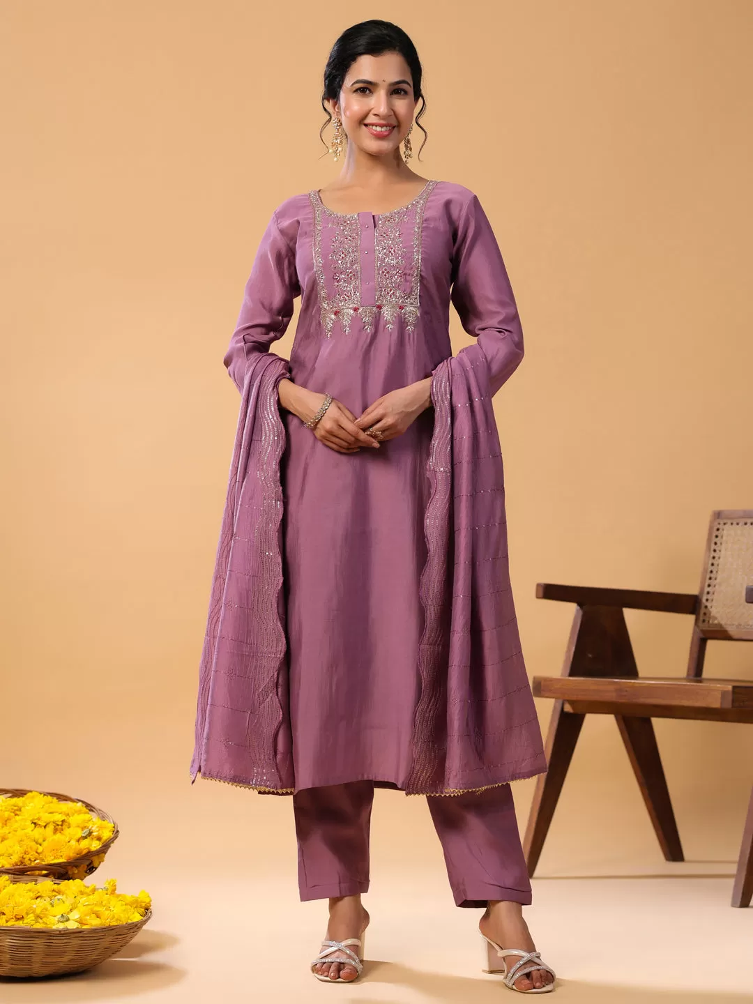 Mauve Chinnon Embellished Kurta with Pant and Dupatta