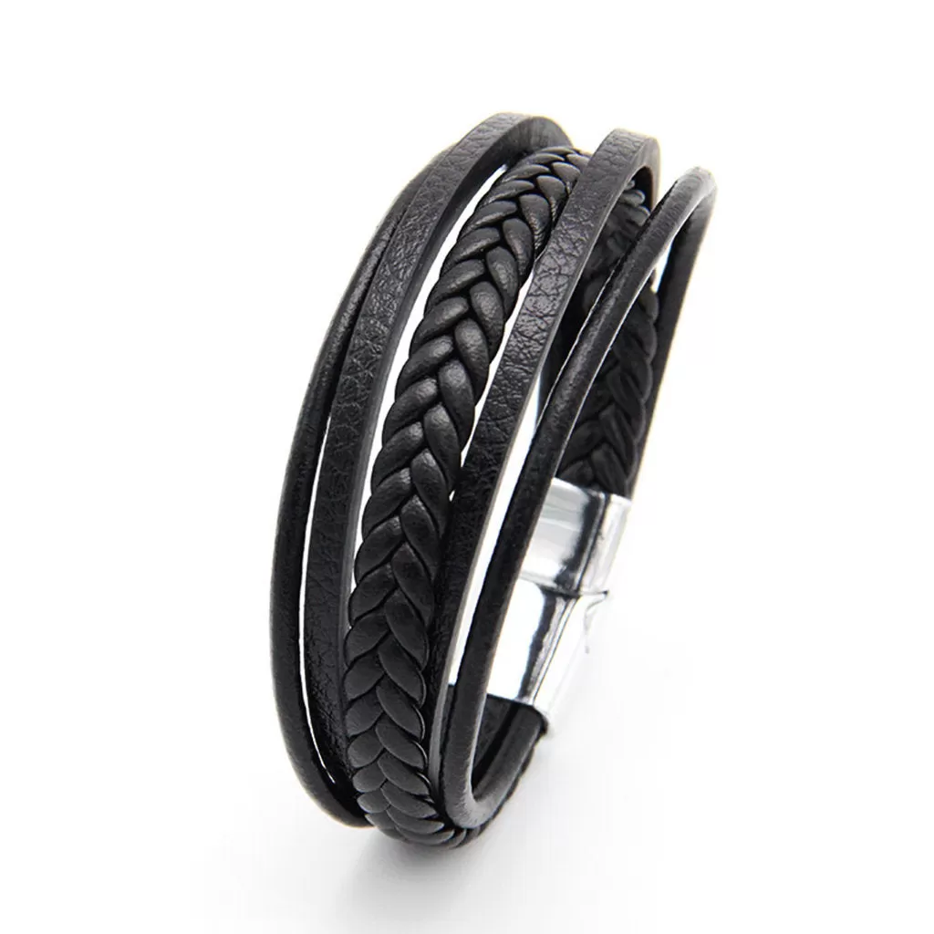 Multilayer Braided Black Leather Bracelet With Magnetic Clasp