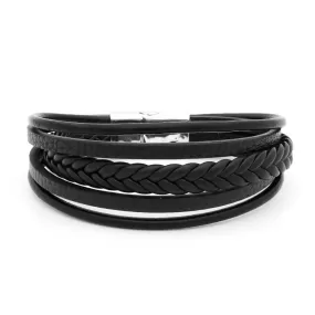 Multilayer Braided Black Leather Bracelet With Magnetic Clasp