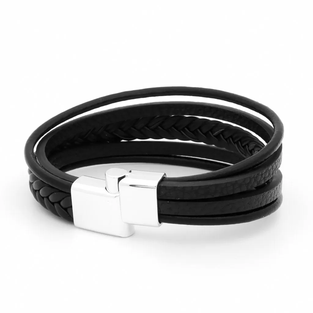 Multilayer Braided Black Leather Bracelet With Magnetic Clasp