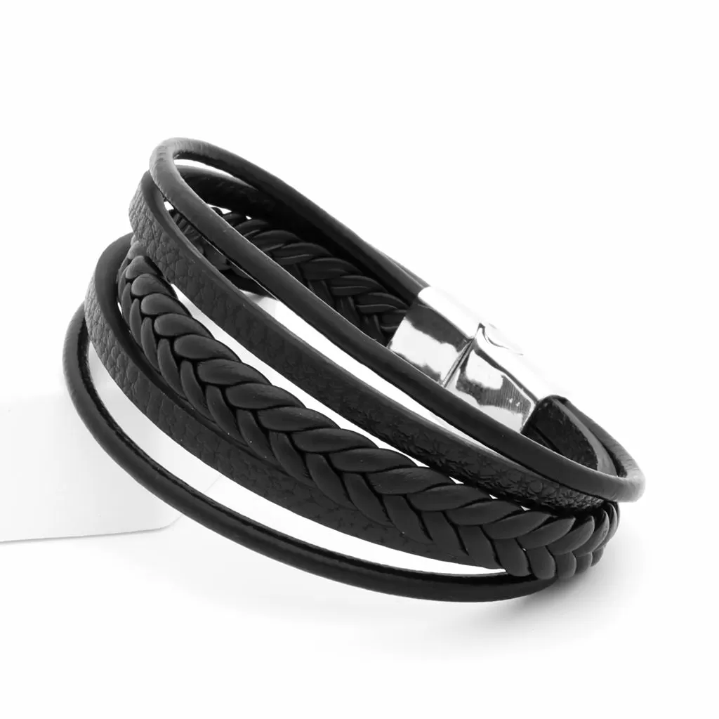 Multilayer Braided Black Leather Bracelet With Magnetic Clasp