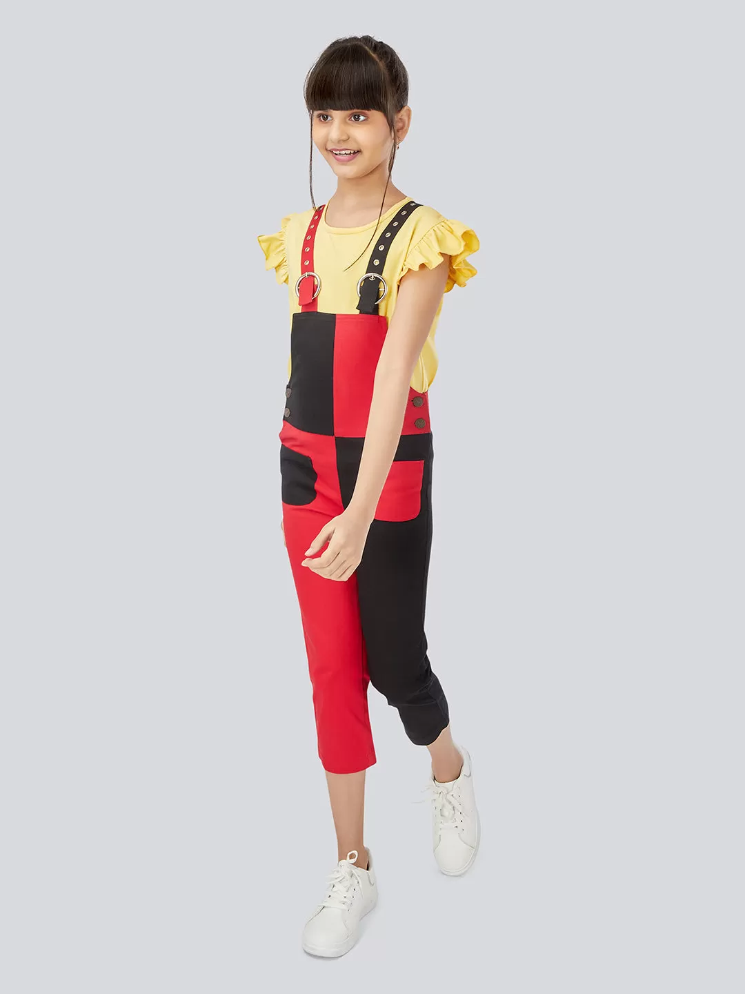 Naughty Dungaree® Girls Full Length Red & Black Dungaree