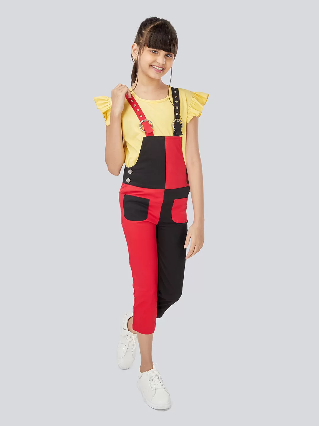 Naughty Dungaree® Girls Full Length Red & Black Dungaree