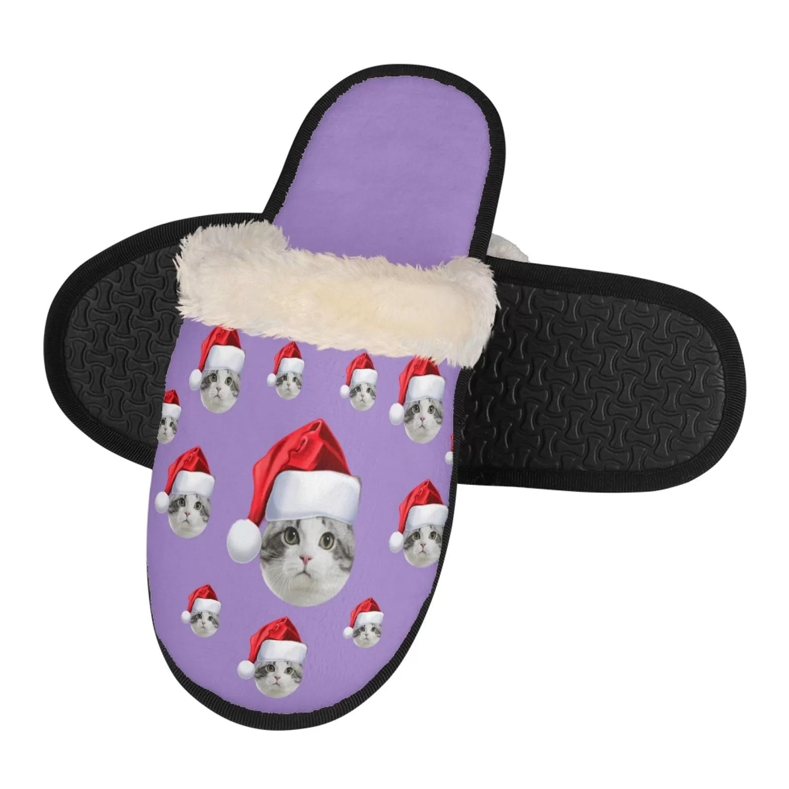 New Product Discounts-Custom Face Santa Hat Fuzzy Slippers for Women and Men Christmas Personalized Photo Non-Slip Slippers Indoor Warm House Shoes