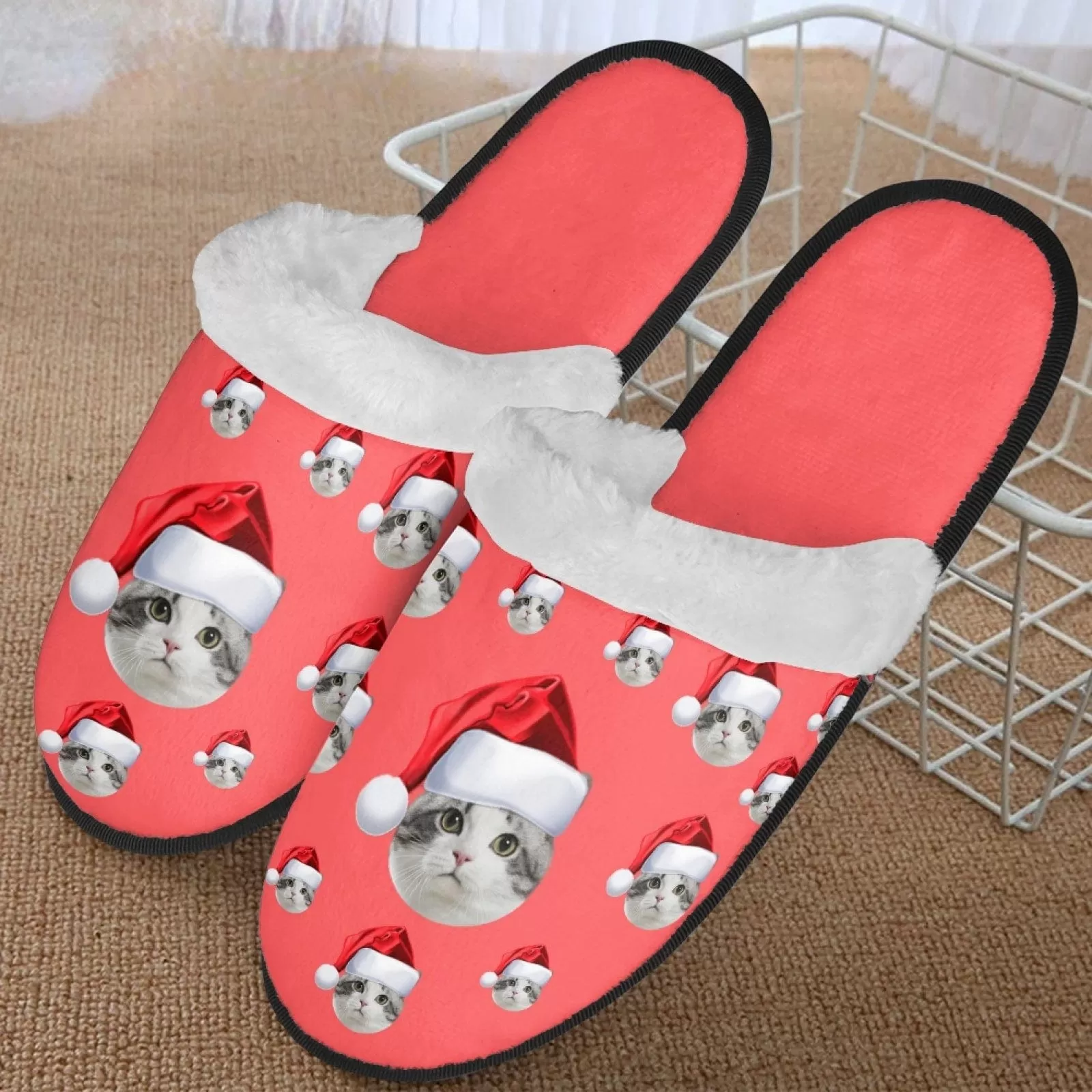 New Product Discounts-Custom Face Santa Hat Fuzzy Slippers for Women and Men Christmas Personalized Photo Non-Slip Slippers Indoor Warm House Shoes