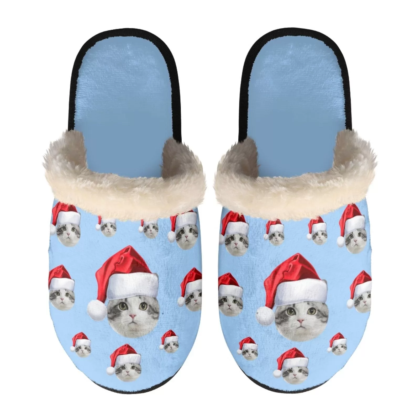 New Product Discounts-Custom Face Santa Hat Fuzzy Slippers for Women and Men Christmas Personalized Photo Non-Slip Slippers Indoor Warm House Shoes