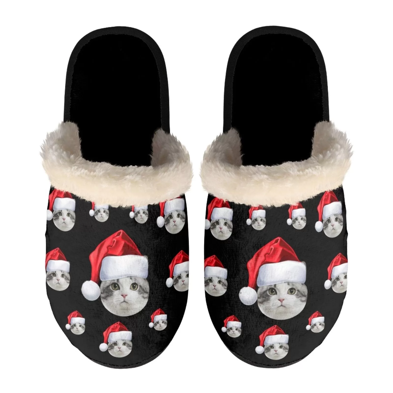 New Product Discounts-Custom Face Santa Hat Fuzzy Slippers for Women and Men Christmas Personalized Photo Non-Slip Slippers Indoor Warm House Shoes