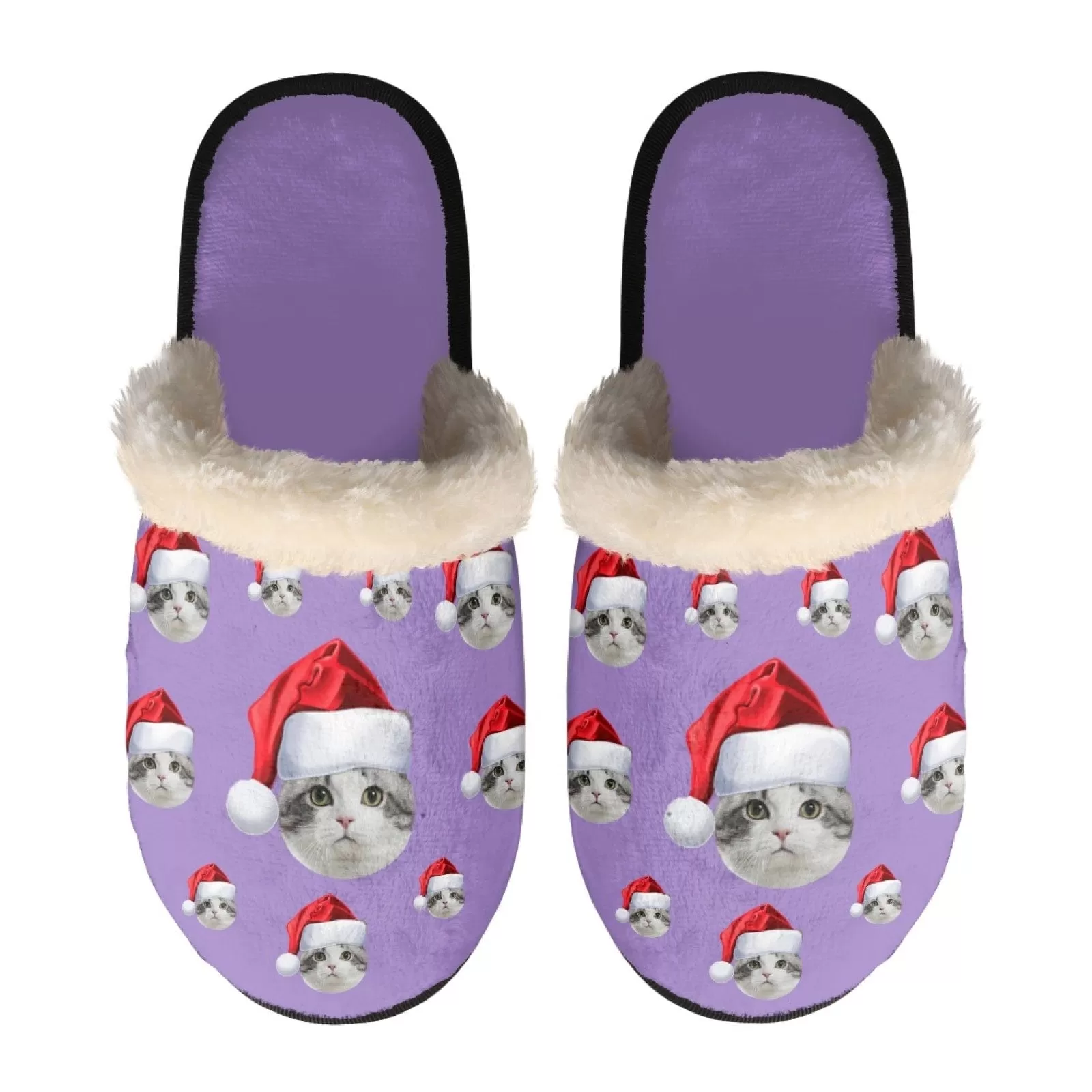 New Product Discounts-Custom Face Santa Hat Fuzzy Slippers for Women and Men Christmas Personalized Photo Non-Slip Slippers Indoor Warm House Shoes