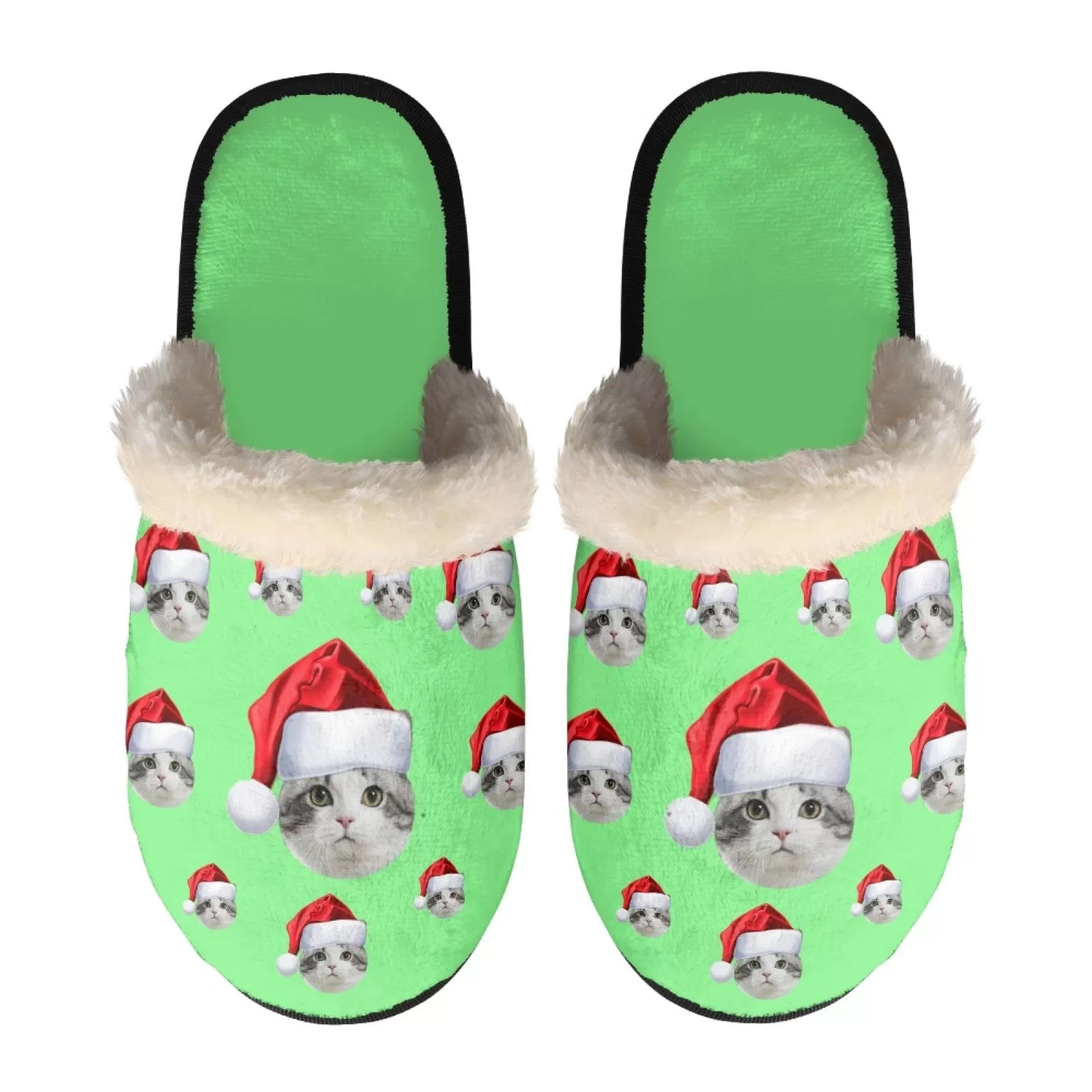 New Product Discounts-Custom Face Santa Hat Fuzzy Slippers for Women and Men Christmas Personalized Photo Non-Slip Slippers Indoor Warm House Shoes