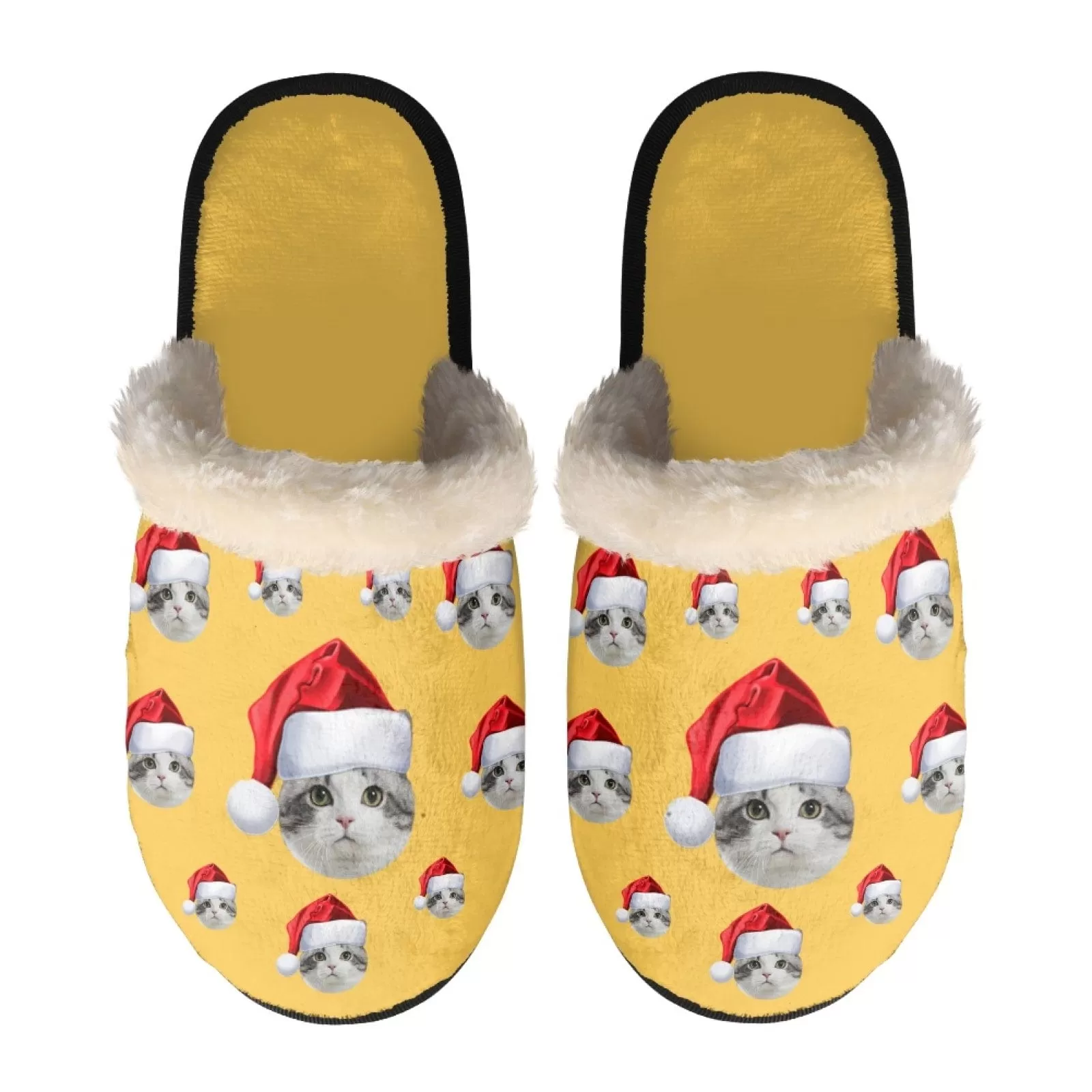 New Product Discounts-Custom Face Santa Hat Fuzzy Slippers for Women and Men Christmas Personalized Photo Non-Slip Slippers Indoor Warm House Shoes