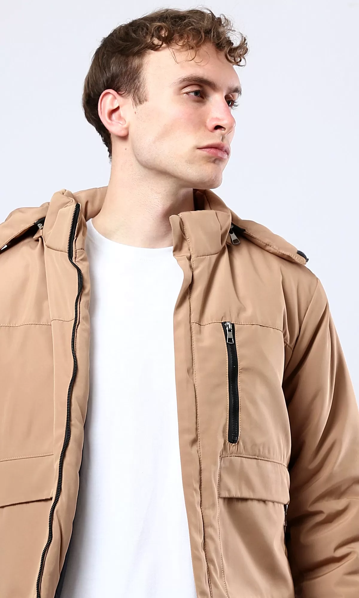 O181759 Camel Hooded Jacket With Side Pockets