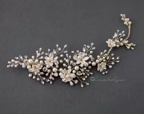 Pearl and Porcelain Flower Gold Bridal Headpiece