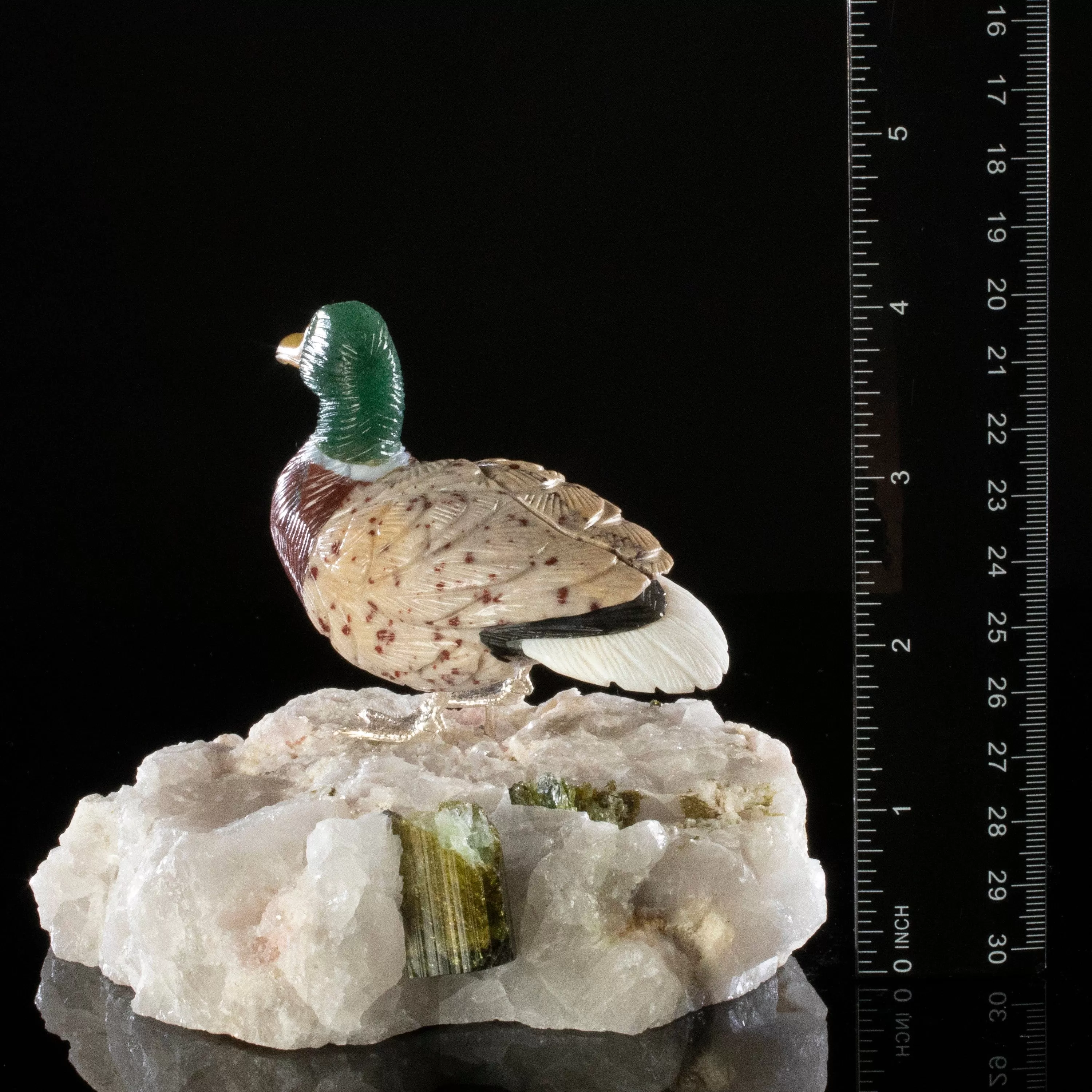 Peter Muller Aventurine & Tiger Eye & Leopardskin Duck Love Bird Carving on Watermelon Tourmaline Base