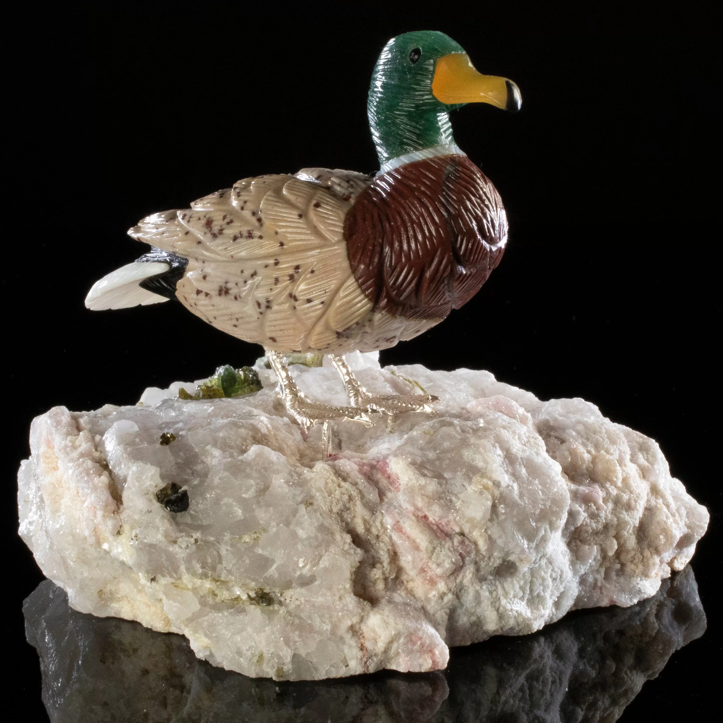 Peter Muller Aventurine & Tiger Eye & Leopardskin Duck Love Bird Carving on Watermelon Tourmaline Base