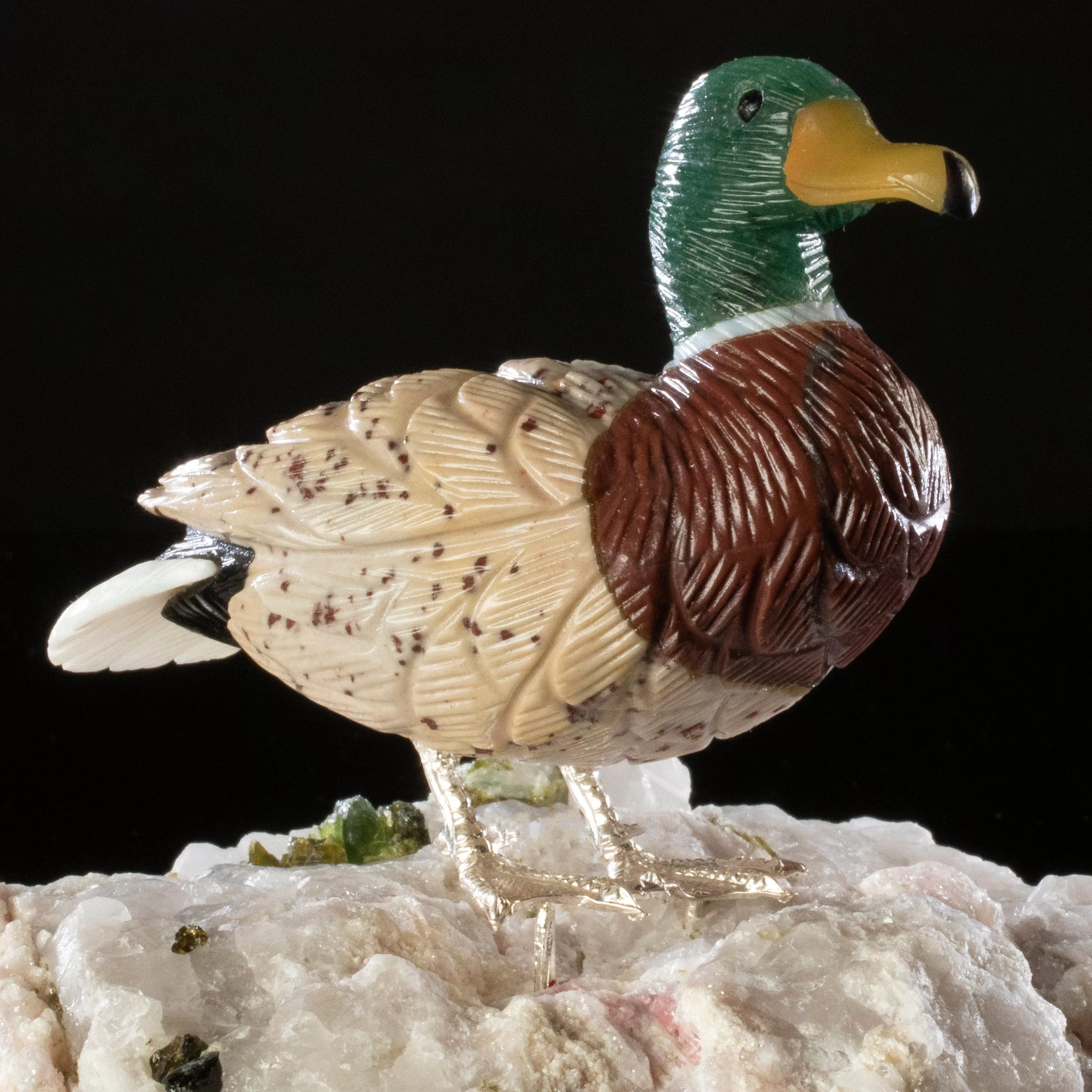 Peter Muller Aventurine & Tiger Eye & Leopardskin Duck Love Bird Carving on Watermelon Tourmaline Base