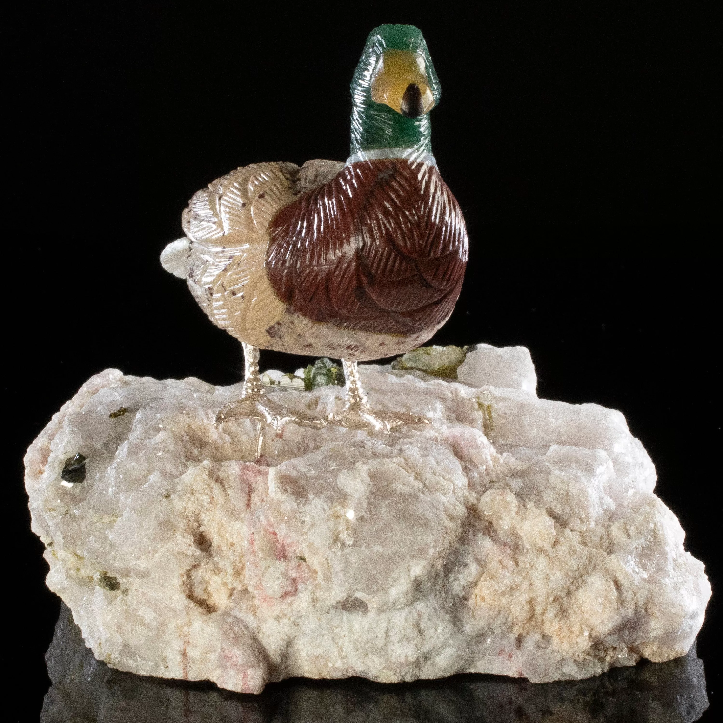 Peter Muller Aventurine & Tiger Eye & Leopardskin Duck Love Bird Carving on Watermelon Tourmaline Base