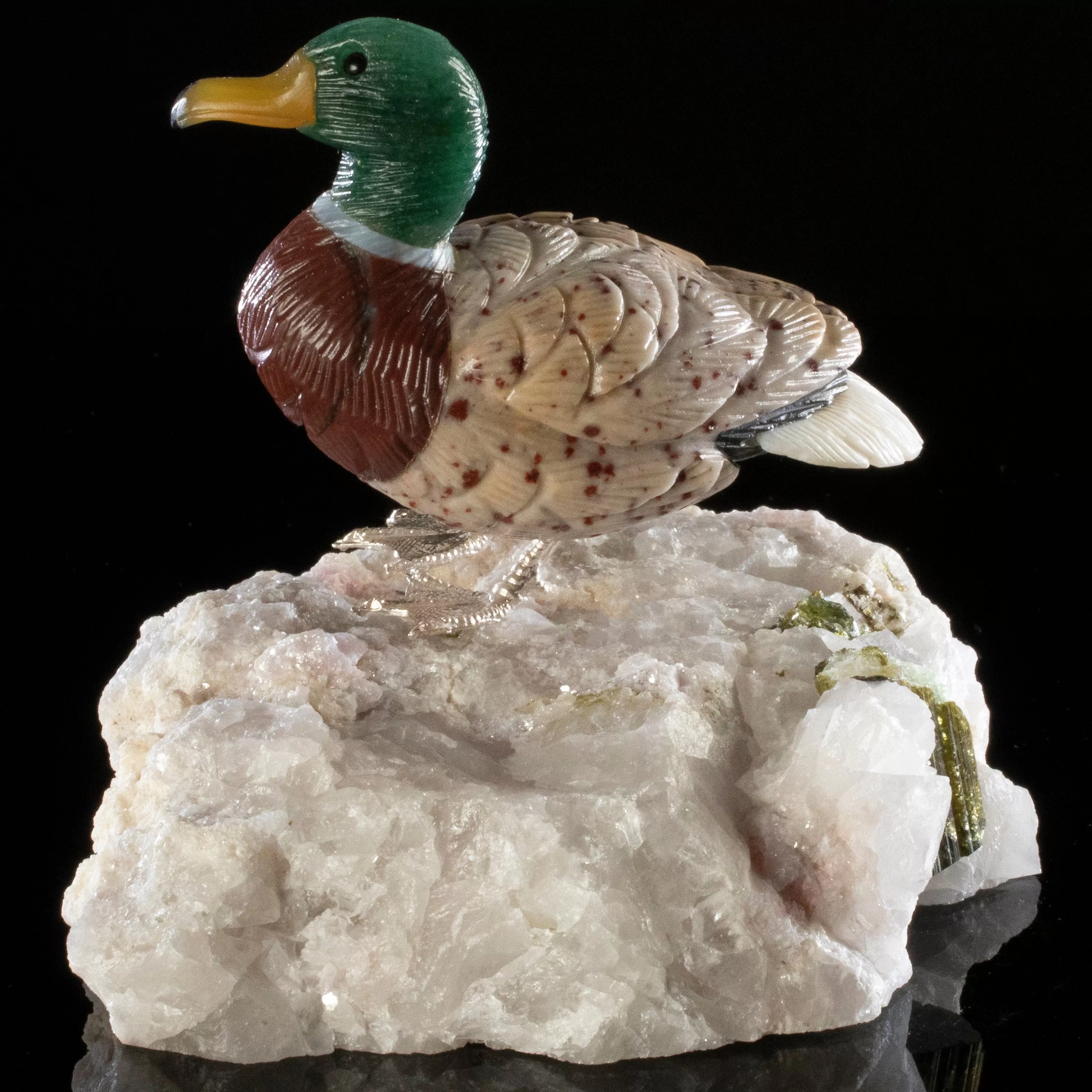 Peter Muller Aventurine & Tiger Eye & Leopardskin Duck Love Bird Carving on Watermelon Tourmaline Base