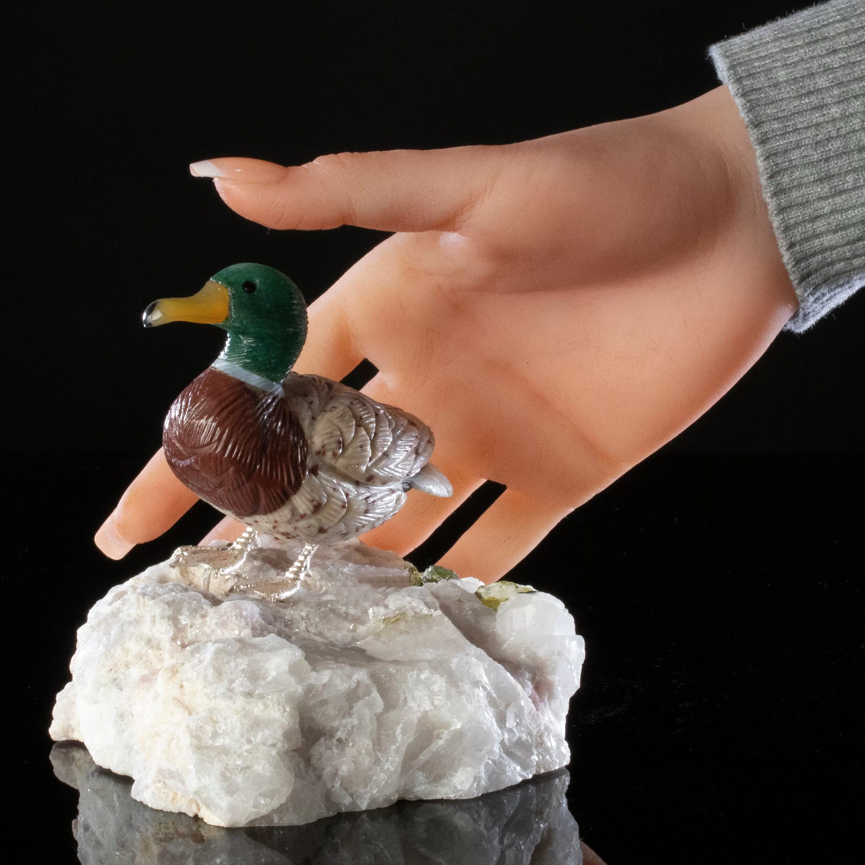 Peter Muller Aventurine & Tiger Eye & Leopardskin Duck Love Bird Carving on Watermelon Tourmaline Base