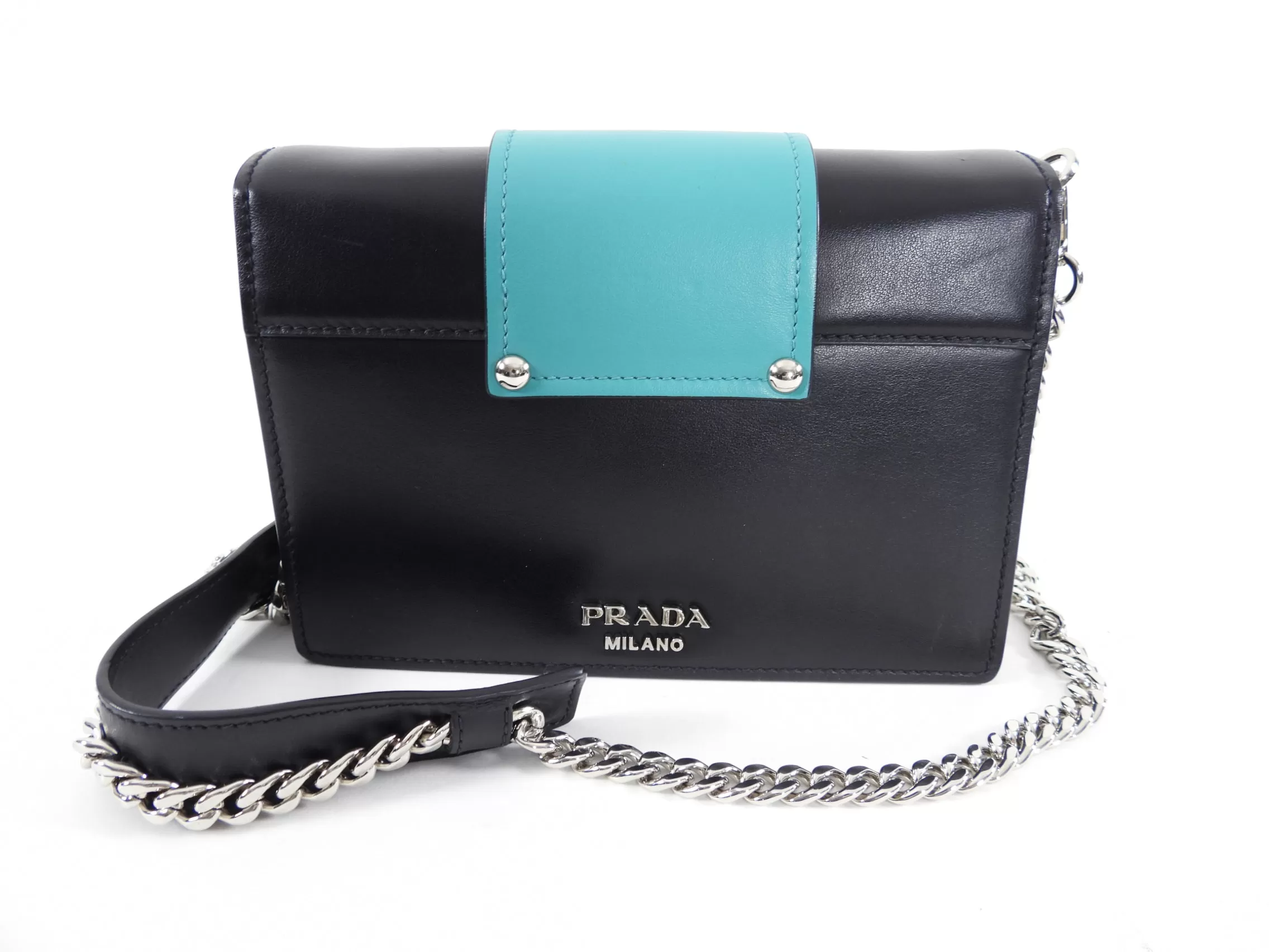 Prada Black and Turuqoise Jewelled City Calf Ribbon Chain Bag