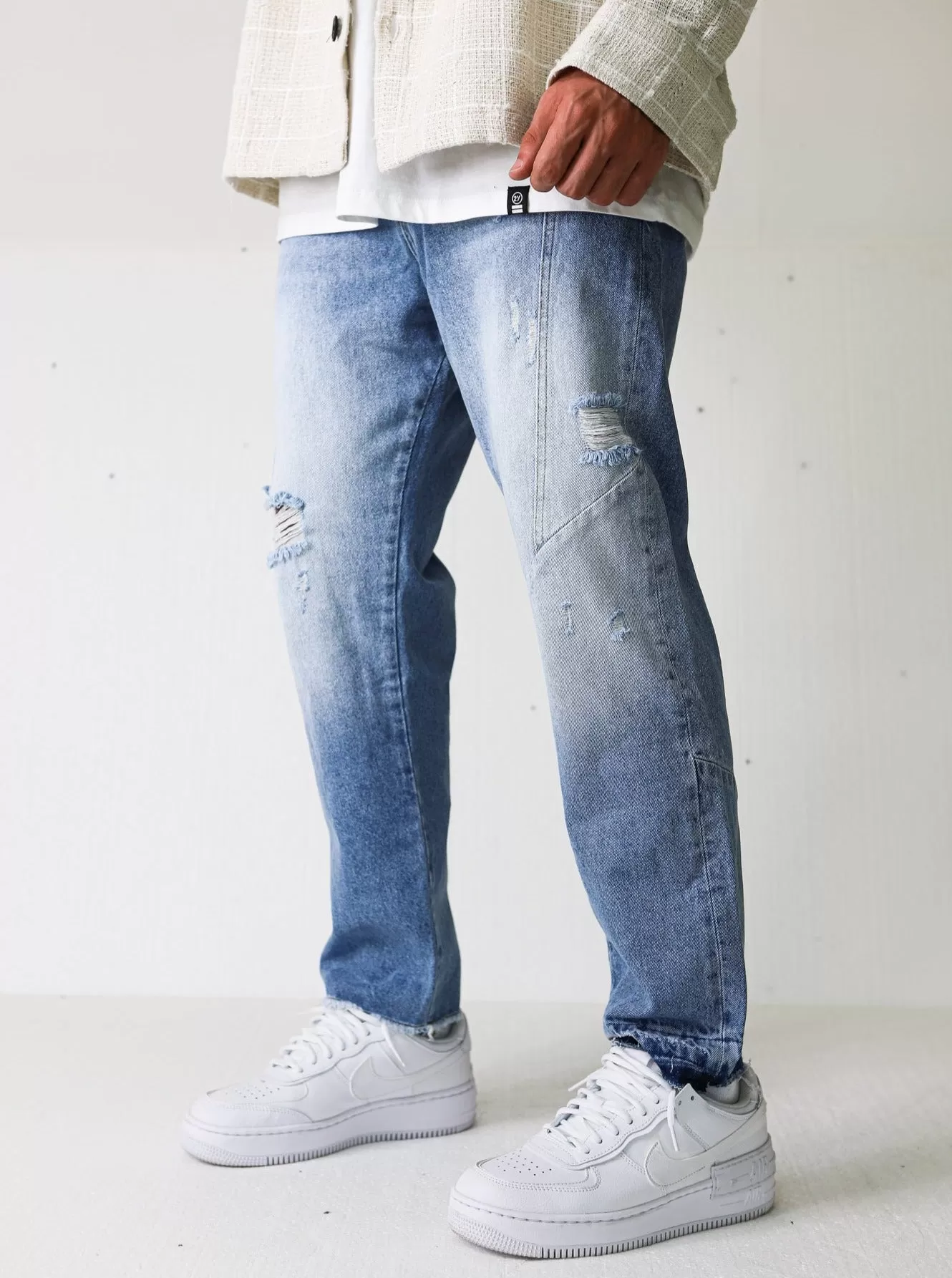 Premium Ripped Light Blue Asymmetrical Jeans