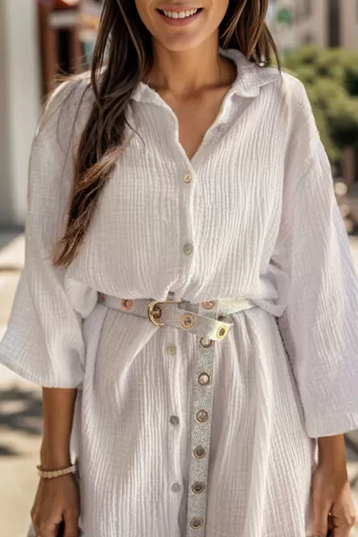 Texture Button Up Collared Neck Dress