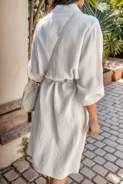 Texture Button Up Collared Neck Dress