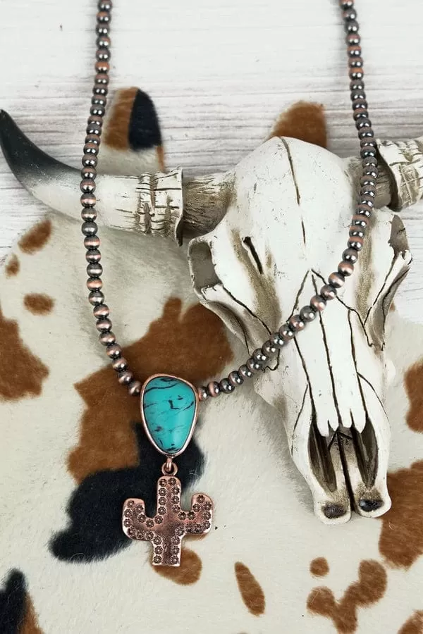 TURQUOISE DESERT GARDENS CACTUS COPPER PEARL NECKLACE