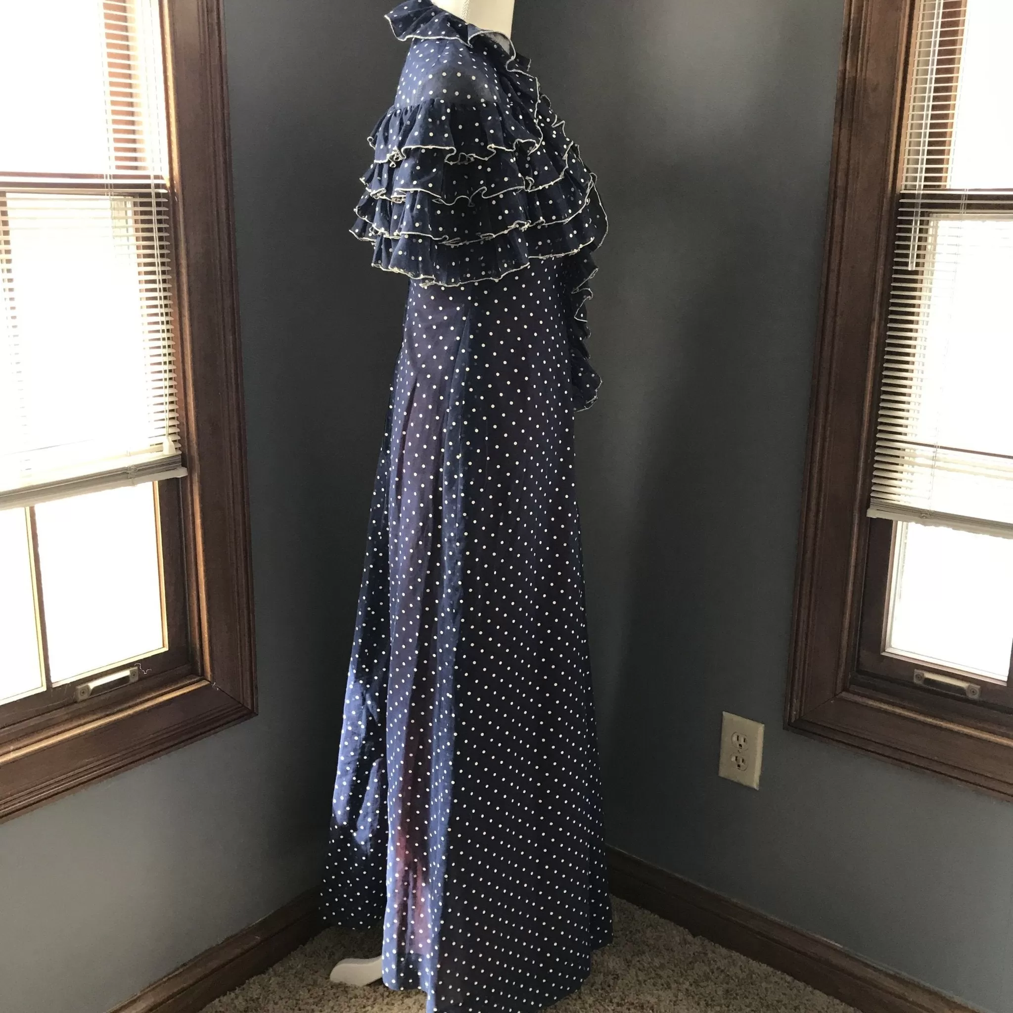 Vintage Polka Dot Sundress and Capelet by Phyllis Sues for Saks Fifth Avenue. Navy Blue and White