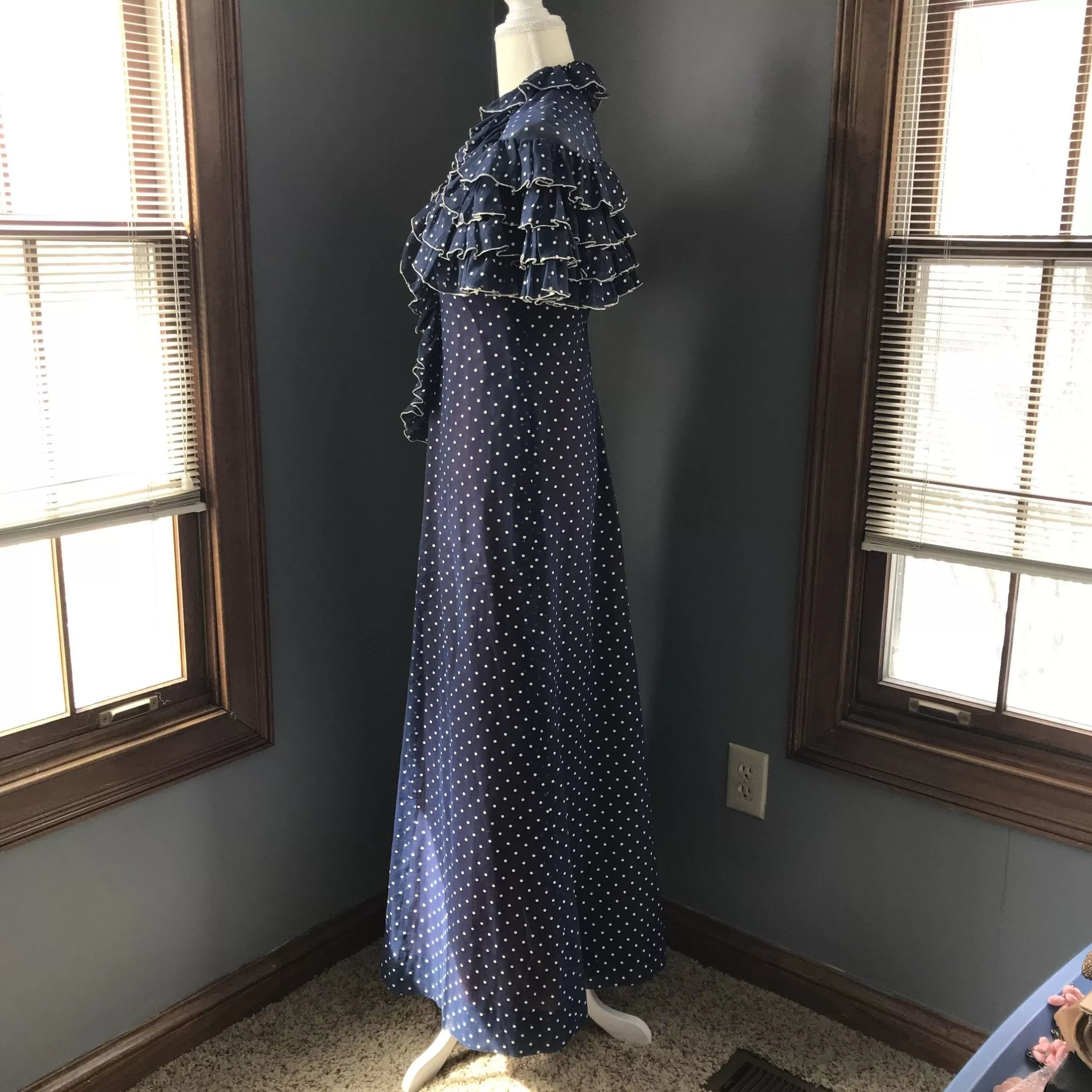 Vintage Polka Dot Sundress and Capelet by Phyllis Sues for Saks Fifth Avenue. Navy Blue and White